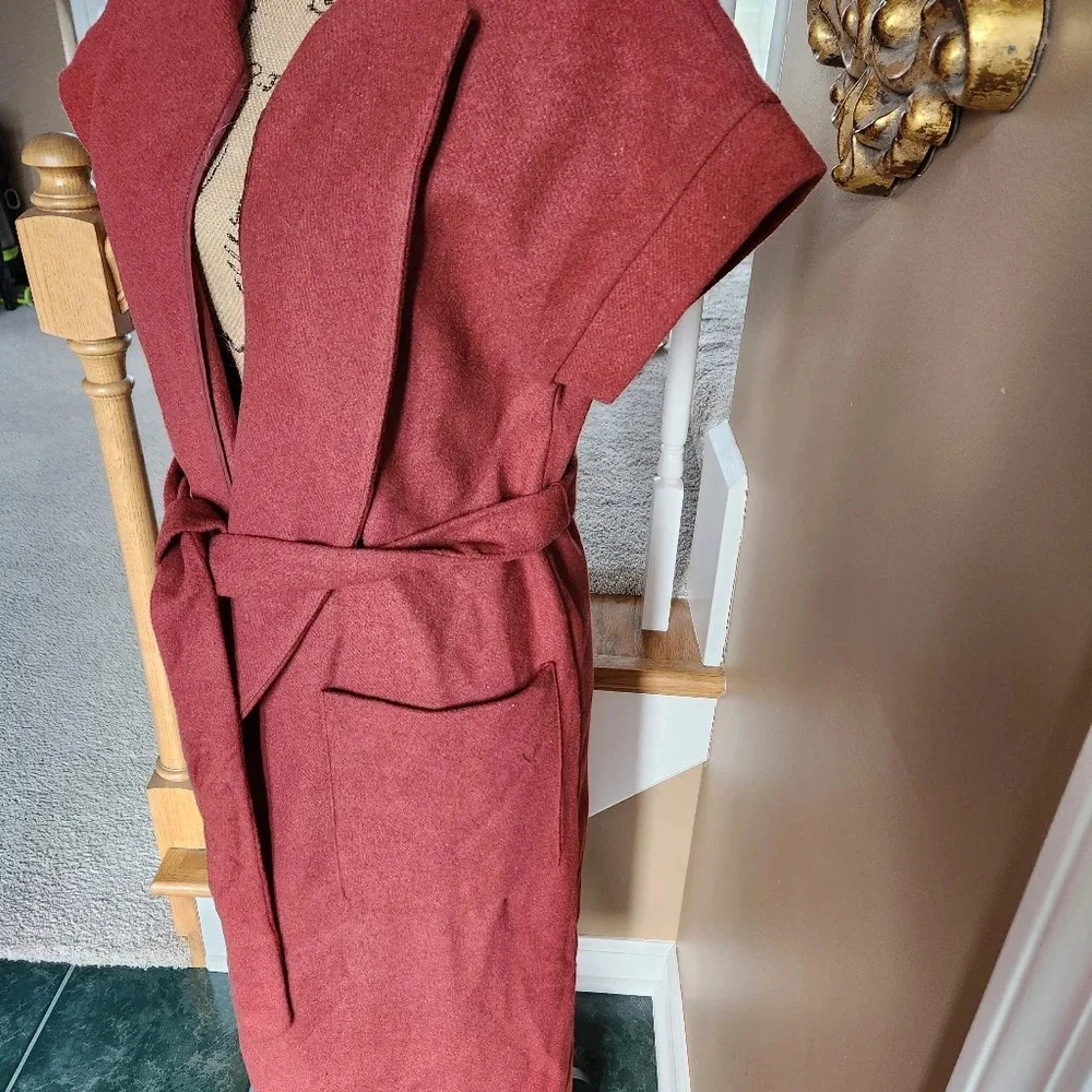 NWT Petite Medium Copper Red Tie Pea Coat With Pockets by Worthington - Picture 2 of 10